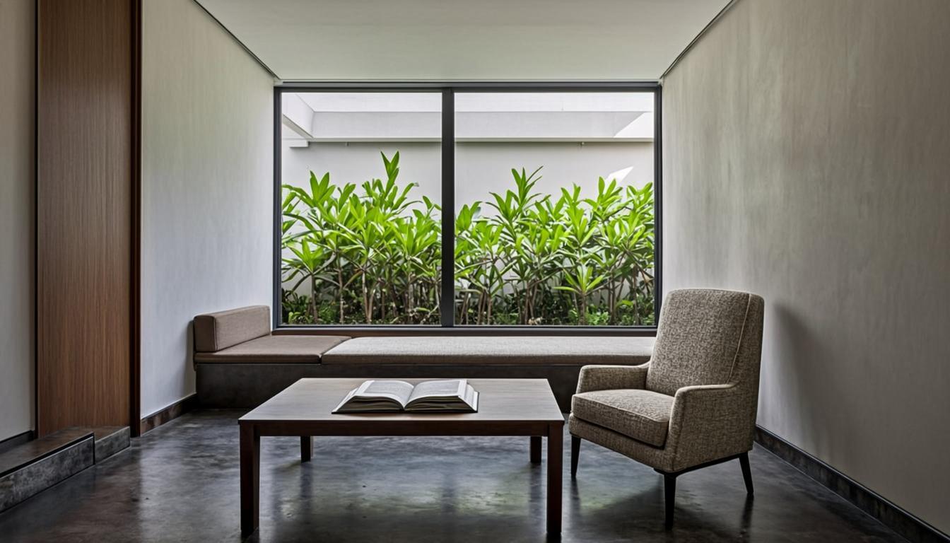 Minimalist clinic lounge area with natural light